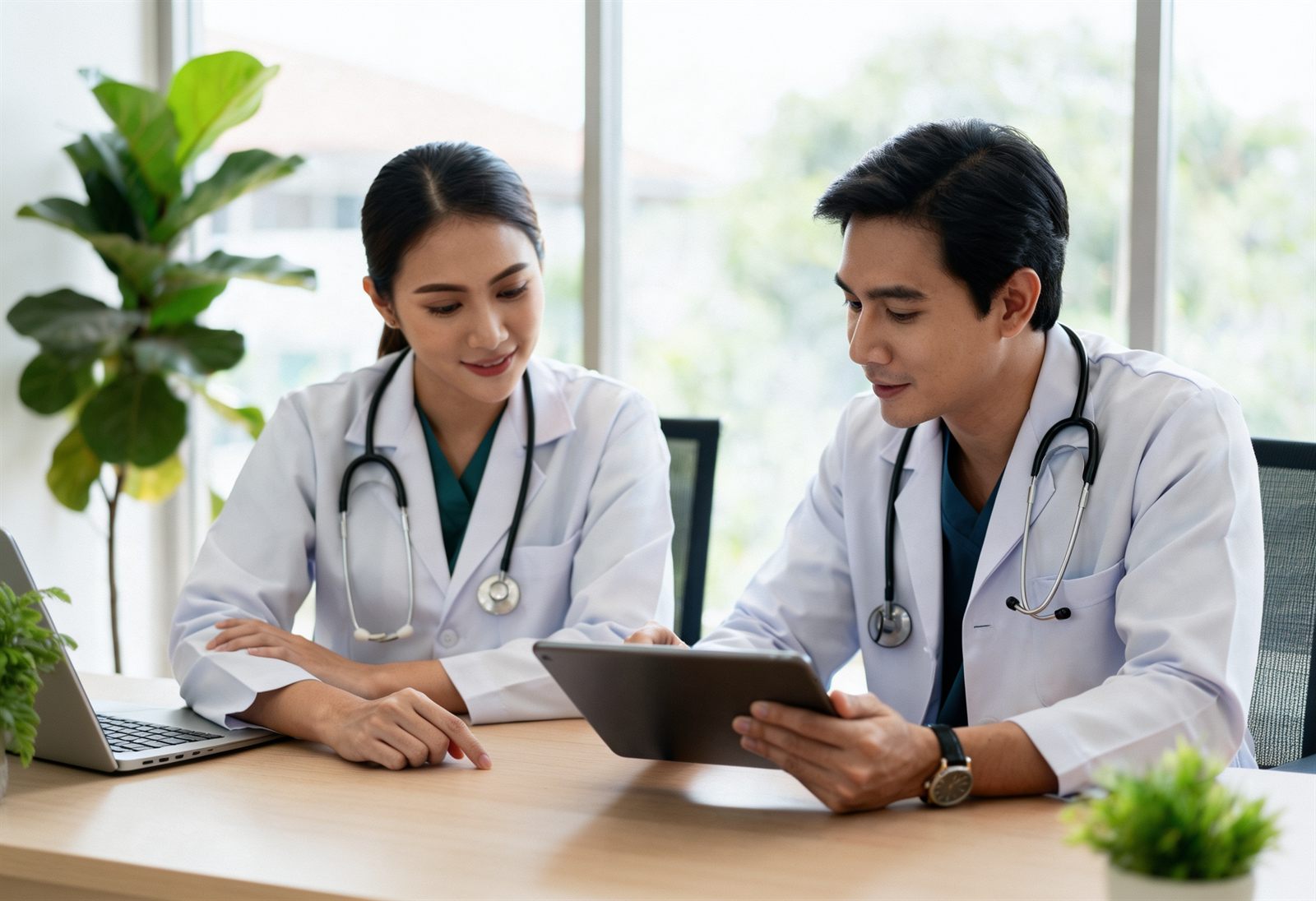 Two healthcare professionals reviewing information on a tablet